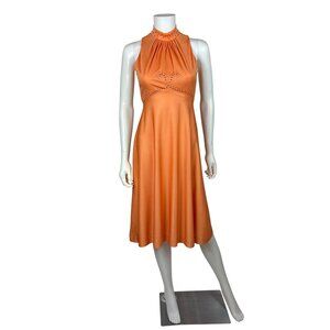 Vintage 70s Cocktail Dress Womens XXS Orange Mockneck Empire Bust Rhinestone